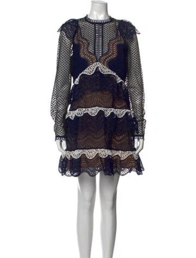 Pre-owned Self-portrait Lace Pattern Mini Dress In Black/blue/white