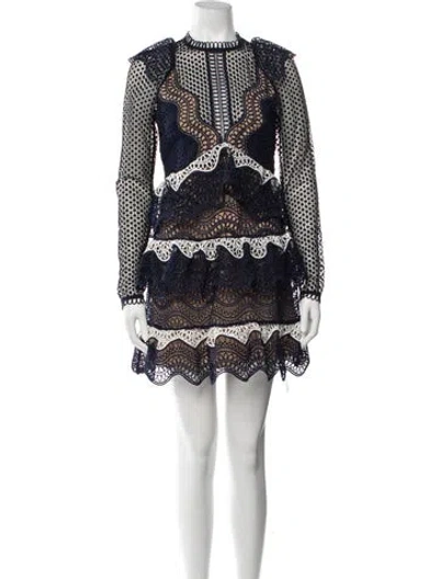 Pre-owned Self-portrait Lace Pattern Mini Dress In Black/blue/white