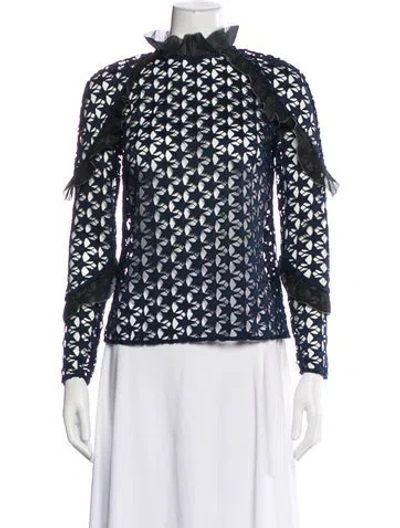 Pre-owned Self-portrait Lace Pattern Mock Neck Blouse In Black