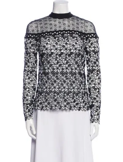 Pre-owned Self-portrait Lace Pattern Mock Neck Blouse In Black
