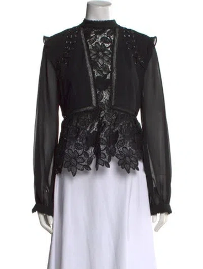 Pre-owned Self-portrait Lace Pattern Mock Neck Blouse In Black