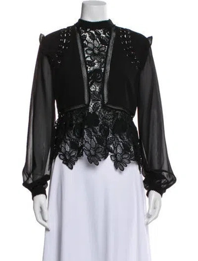 Pre-owned Self-portrait Lace Pattern Mock Neck Blouse In Black