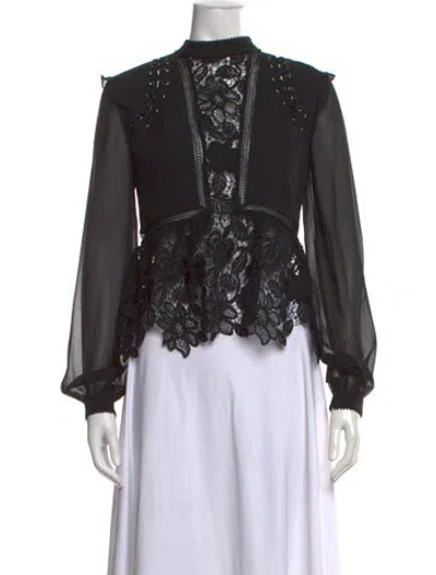 Pre-owned Self-portrait Lace Pattern Mock Neck Blouse In Black