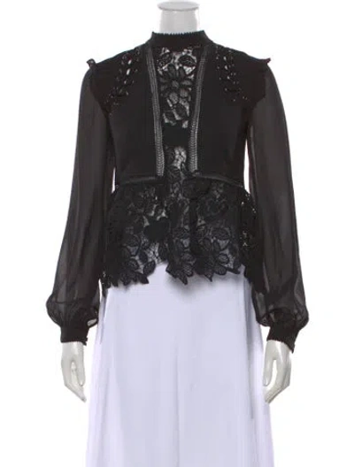 Pre-owned Self-portrait Lace Pattern Mock Neck Blouse In Black