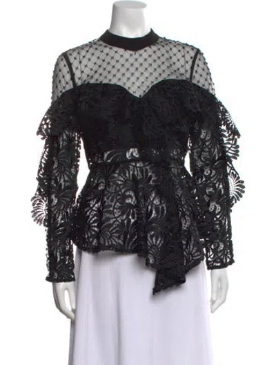 Pre-owned Self-portrait Lace Pattern Mock Neck Blouse In Black