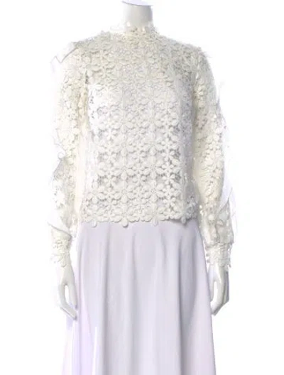 Pre-owned Self-portrait Lace Pattern Mock Neck Blouse In White