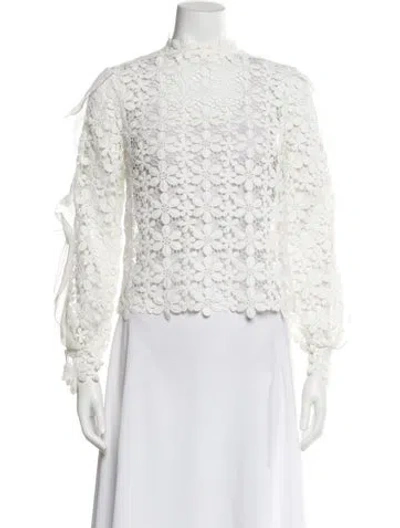 Pre-owned Self-portrait Lace Pattern Mock Neck Blouse In White