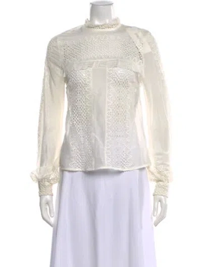Pre-owned Self-portrait Lace Pattern Mock Neck Blouse In White