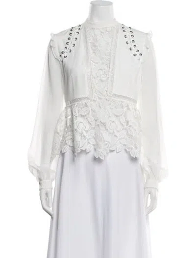 Pre-owned Self-portrait Lace Pattern Mock Neck Blouse In White