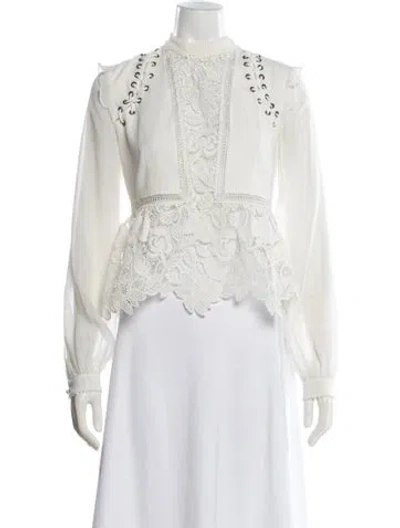 Pre-owned Self-portrait Lace Pattern Mock Neck Blouse In White