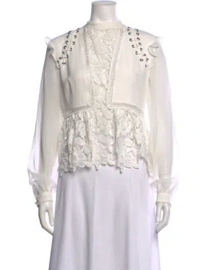 Pre-owned Self-portrait Lace Pattern Mock Neck Blouse In White