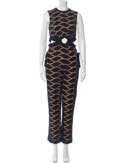 Pre-owned Self-portrait Lace Pattern Mock Neck Jumpsuit In Black