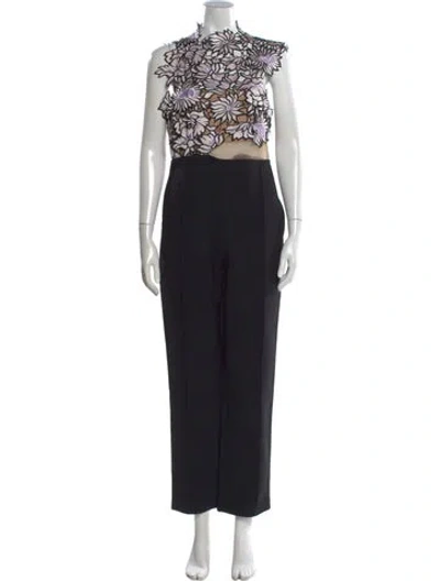 Pre-owned Self-portrait Lace Pattern Mock Neck Jumpsuit In Black