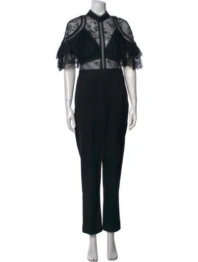 Pre-owned Self-portrait Lace Pattern Mock Neck Jumpsuit In Black