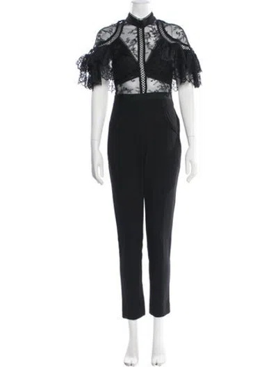 Pre-owned Self-portrait Lace Pattern Mock Neck Jumpsuit In Black