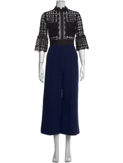 Pre-owned Self-portrait Lace Pattern Mock Neck Jumpsuit In Black/blue
