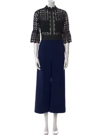 Pre-owned Self-portrait Lace Pattern Mock Neck Jumpsuit In Multi