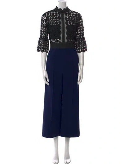 Pre-owned Self-portrait Lace Pattern Mock Neck Jumpsuit In Multi
