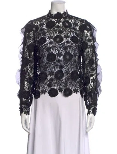 Pre-owned Self-portrait Lace Pattern Mock Neck Top In Black