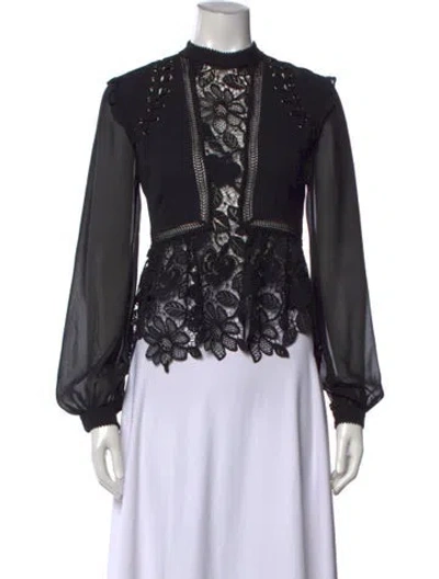 Pre-owned Self-portrait Lace Pattern Mock Neck Top In Black