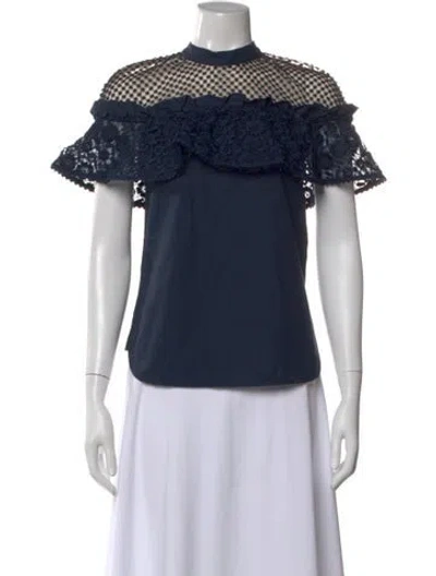 Pre-owned Self-portrait Lace Pattern Mock Neck Top In Blue