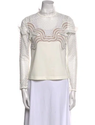 Pre-owned Self-portrait Lace Pattern Mock Neck Top In White