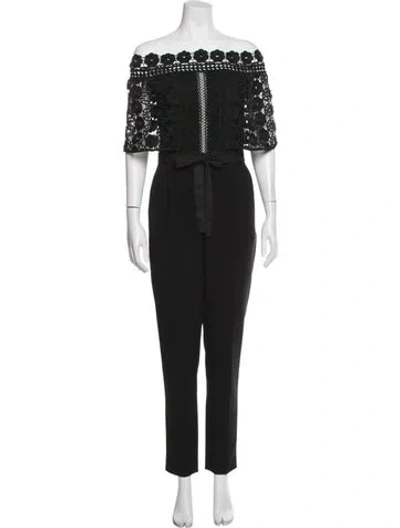 Pre-owned Self-portrait Lace Pattern Off-the-shoulder Jumpsuit In Black