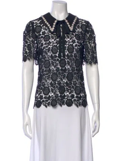 Pre-owned Self-portrait Lace Pattern Short Sleeve Blouse In Black