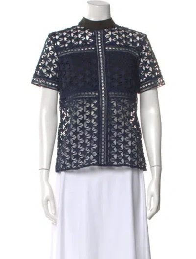 Pre-owned Self-portrait Lace Pattern Short Sleeve Blouse In Blue