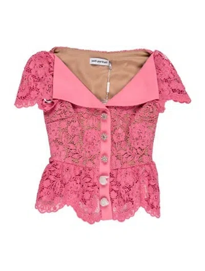 Pre-owned Self-portrait Lace Pattern Short Sleeve Blouse W/ Tags In Pink