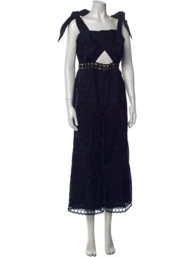 Pre-owned Self-portrait Lace Pattern Square Neckline Jumpsuit In Blue