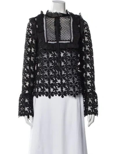 Pre-owned Self-portrait Lace Pattern Tie Neck Blouse In Black