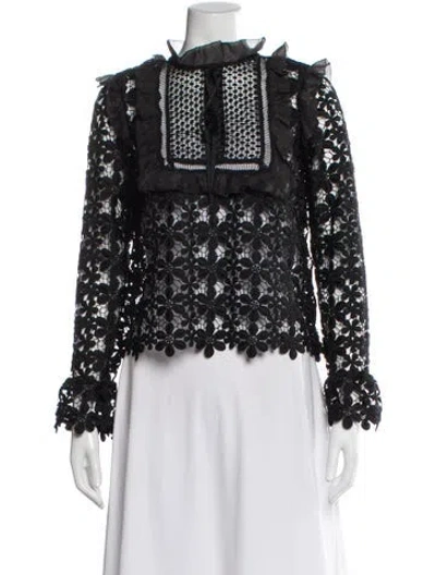 Pre-owned Self-portrait Lace Pattern Tie Neck Blouse In Black