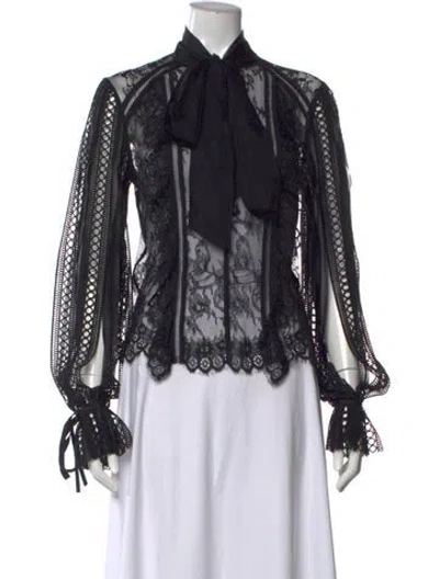 Pre-owned Self-portrait Lace Pattern Tie Neck Blouse In Black
