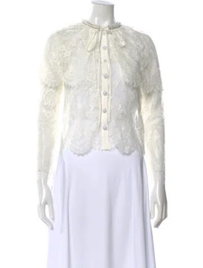 Pre-owned Self-portrait Lace Pattern Tie Neck Blouse W/ Tags In White