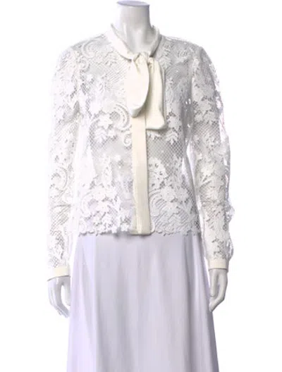 Pre-owned Self-portrait Lace Pattern Tie Neck Blouse In White