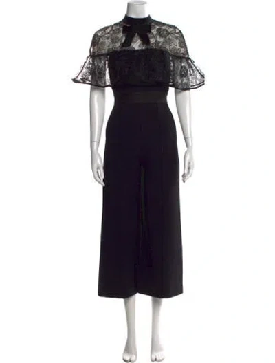 Pre-owned Self-portrait Lace Pattern Tie Neck Jumpsuit In Black