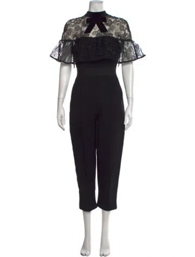 Pre-owned Self-portrait Lace Pattern Tie Neck Jumpsuit In Black