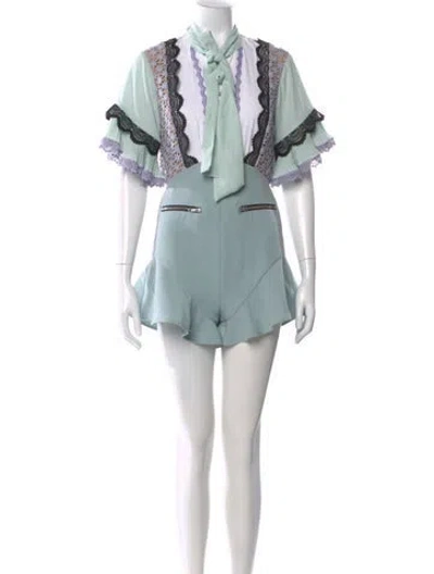 Pre-owned Self-portrait Lace Pattern Tie Neck Romper In Blue