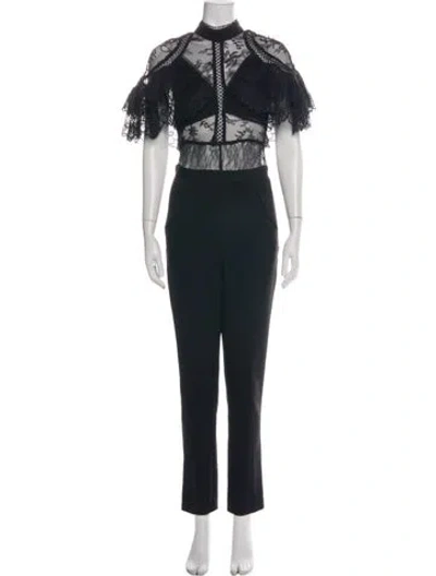 Pre-owned Self-portrait Lace Pattern Turtleneck Jumpsuit In Black