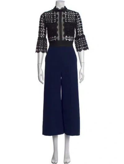 Pre-owned Self-portrait Lace Pattern Turtleneck Jumpsuit In Black/blue