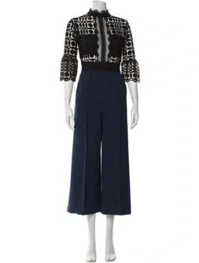 Pre-owned Self-portrait Lace Pattern Turtleneck Jumpsuit In Black/blue
