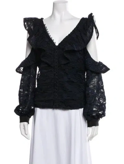 Pre-owned Self-portrait Lace Pattern V-neck Blouse In Blue