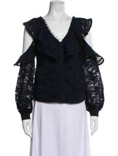 Pre-owned Self-portrait Lace Pattern V-neck Blouse In Blue
