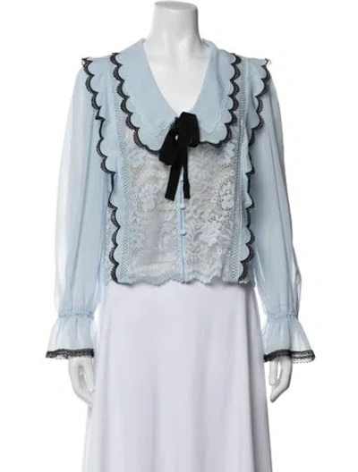 Pre-owned Self-portrait Lace Pattern V-neck Blouse In Blue/white