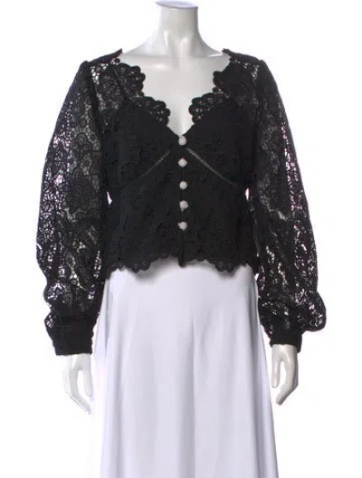 Pre-owned Self-portrait Lace Pattern V-neck Blouse W/ Tags In Black