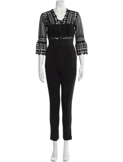 Pre-owned Self-portrait Lace Pattern V-neck Jumpsuit In Black