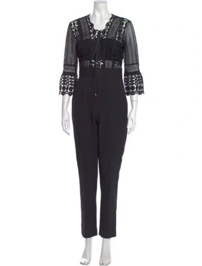 Pre-owned Self-portrait Lace Pattern V-neck Jumpsuit In Black