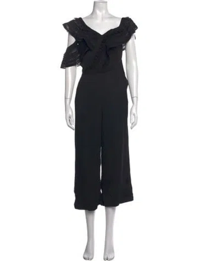 Pre-owned Self-portrait Lace Pattern V-neck Jumpsuit In Black