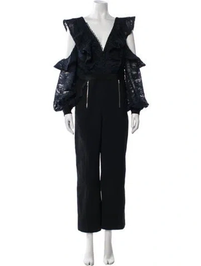 Pre-owned Self-portrait Lace Pattern V-neck Jumpsuit In Black/blue